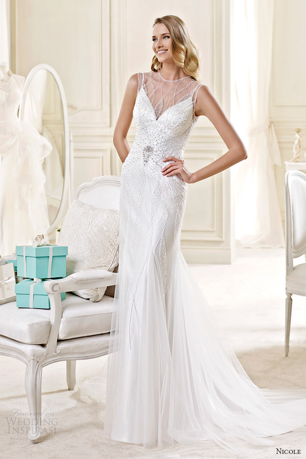 nicole spose bridal 2015 style 50 niab15010iv illusion v neck sheath wedding dress