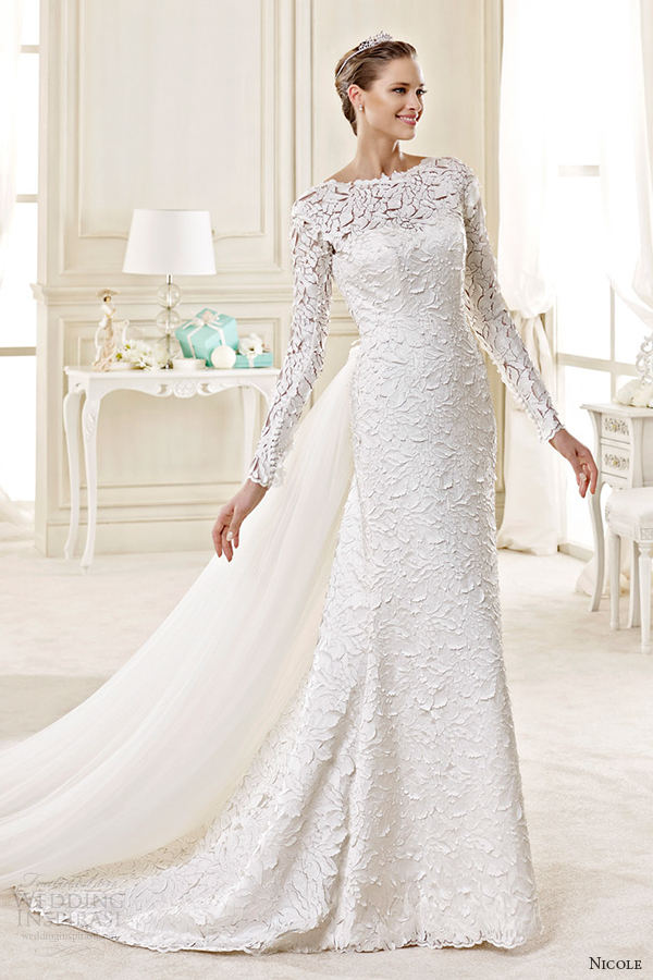 nicole spose bridal 2015 style 54 niab15034iv bateau long sleeves sheath wedding dress