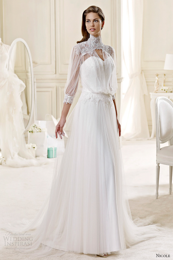 nicole spose bridal 2015 style 57 niab15056iv high neck illusion sweetheart blouson wedding dress