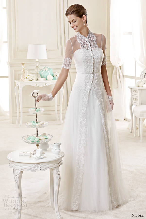 nicole spose bridal 2015 style 72 niab15055iv half sleeve high neck illusion lace a line wedding dress