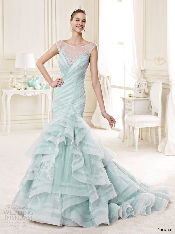 nicole spose bridal 2015 style 7b niab15101tf pale green tiffany blue color cap sleeve wedding dress