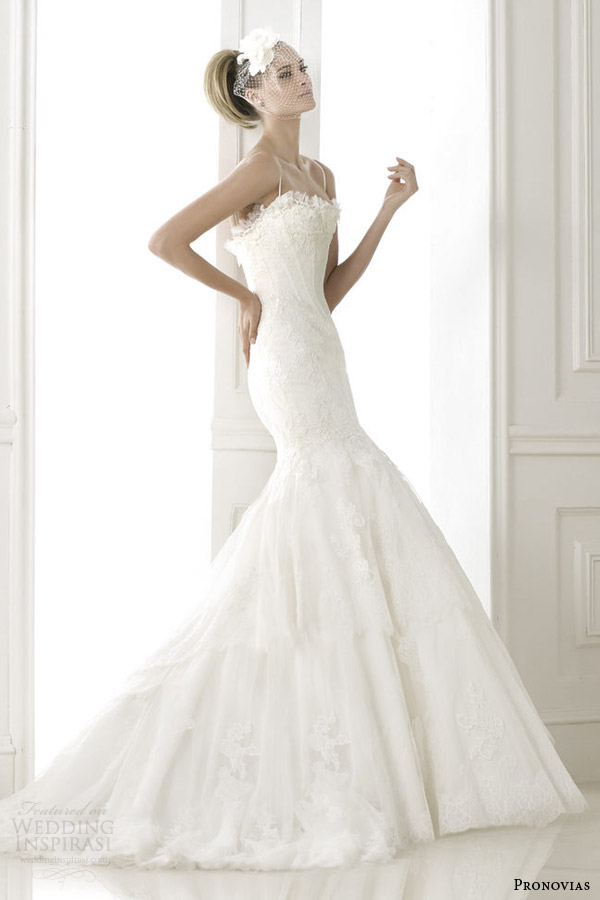 pronovias bridal pre 2015 basel lace fit and flare weddomg dress with straps