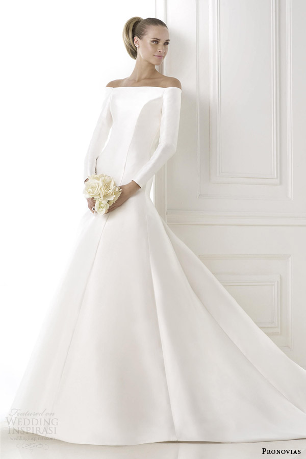 pronovias pre 2015 balbina lons sleeve off the shoulder wedding dress