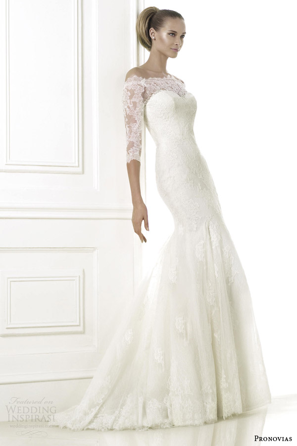 pronovias pre 2015 bellamy wedding dress with off shoulder sleeves