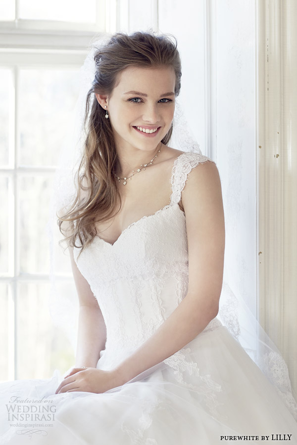 purewhite by lilly 2014 2015 wedding dress with lace cap sleeves style 08 3223 wh close up view