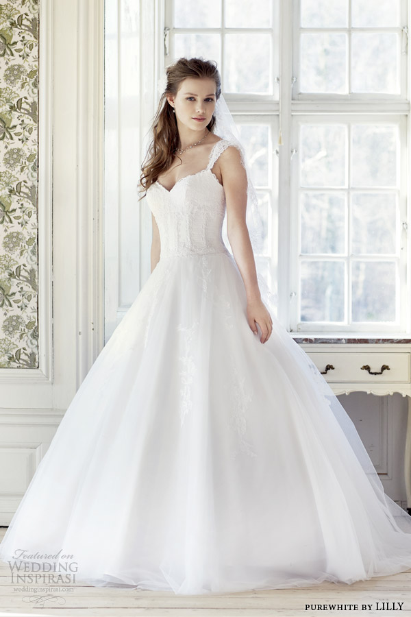 purewhite by lilly 2014 2015 wedding dress with lace cap sleeves style 08 3223 wh full view