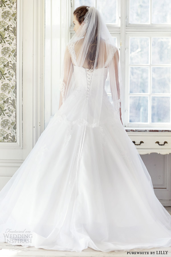 purewhite by lilly 2014 2015 wedding dress with lace cap sleeves style 08 3223 wh lace up corset back view