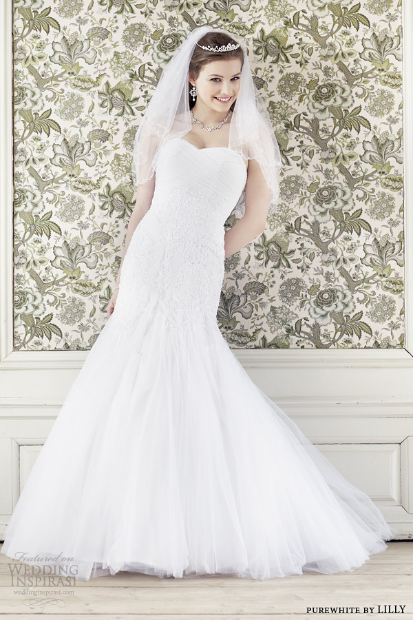 purewhite by lilly bridal 2014 strapless wedding dress style 08 3207 wh godet skirt
