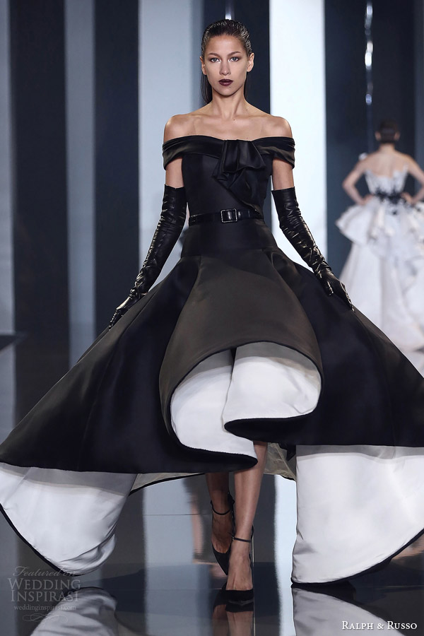 ralph and russo couture autumn 2014 2015 look 29 off the shoulder black and white dress ralph and russo couture autumn 2014 2015 look 29 off the shoulder black and white dress