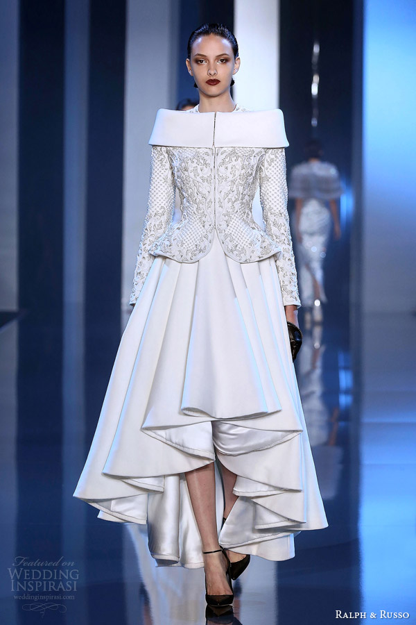 ralph and russo couture fall winter 2014 2015 look 5 white dress sculpted peplum jacket