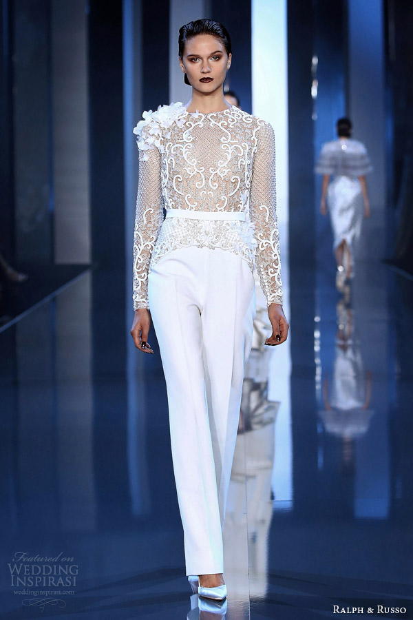 ralph and russo fall winter 2014 2015 couture look 4 white pant embellished long sleeve top ralph and russo fall winter 2014 2015 couture look 4 white pant embellished long sleeve top