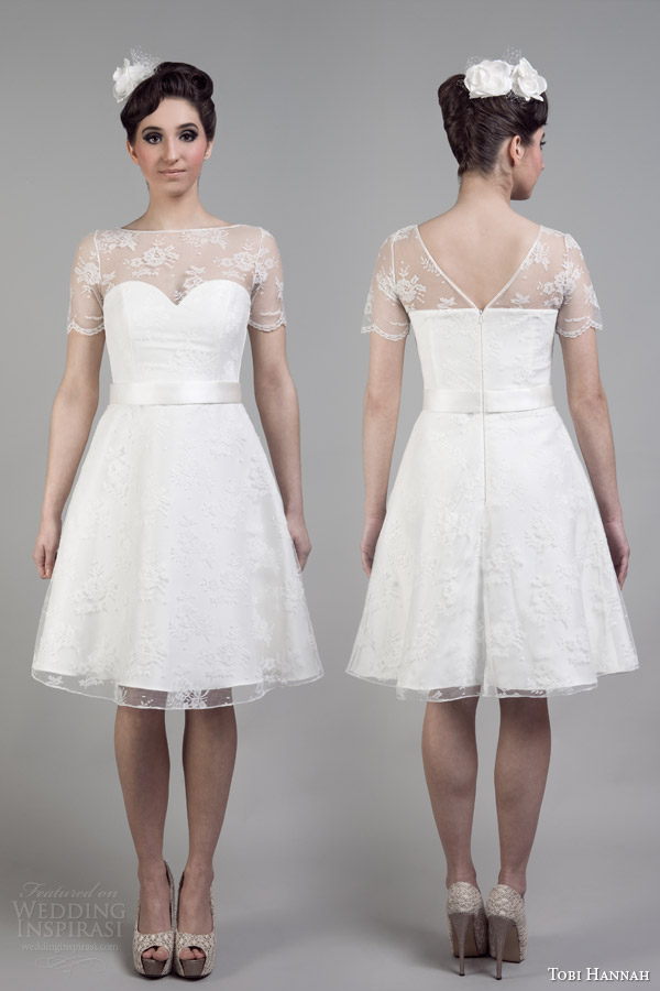 tobi hannah bridal 2015 short wedding dress illusion neckline lace sleeves brigs