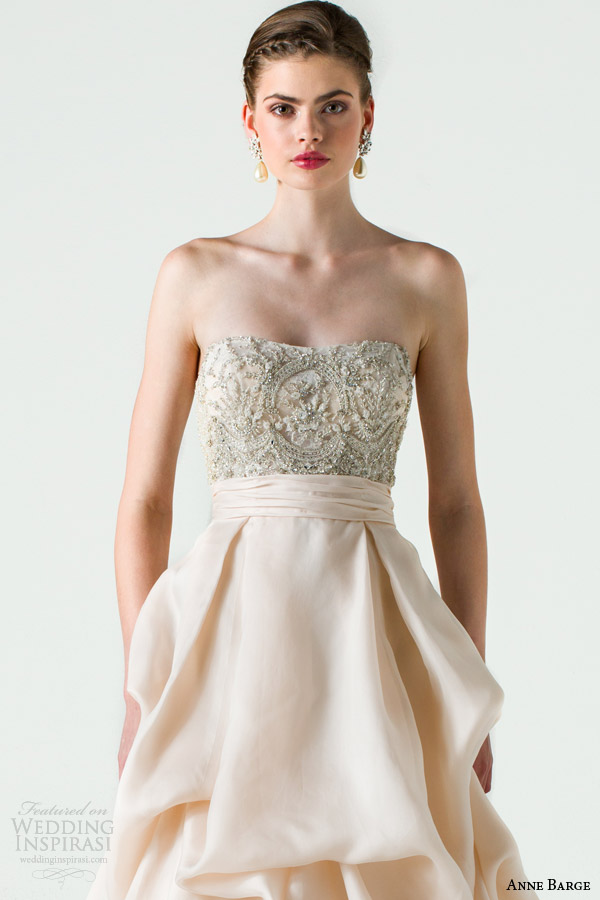 anne barge bridal spring 2015 cherish strapless wedding dress beaded bodice pickup skirt close up