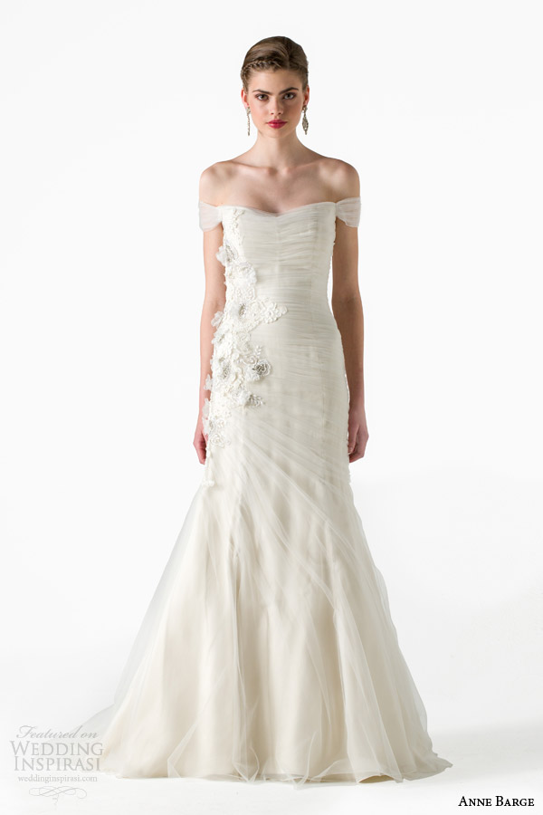 anne barge bridal spring 2015 whisper draped tulle mermaid wedding dress off shoulder sleeves