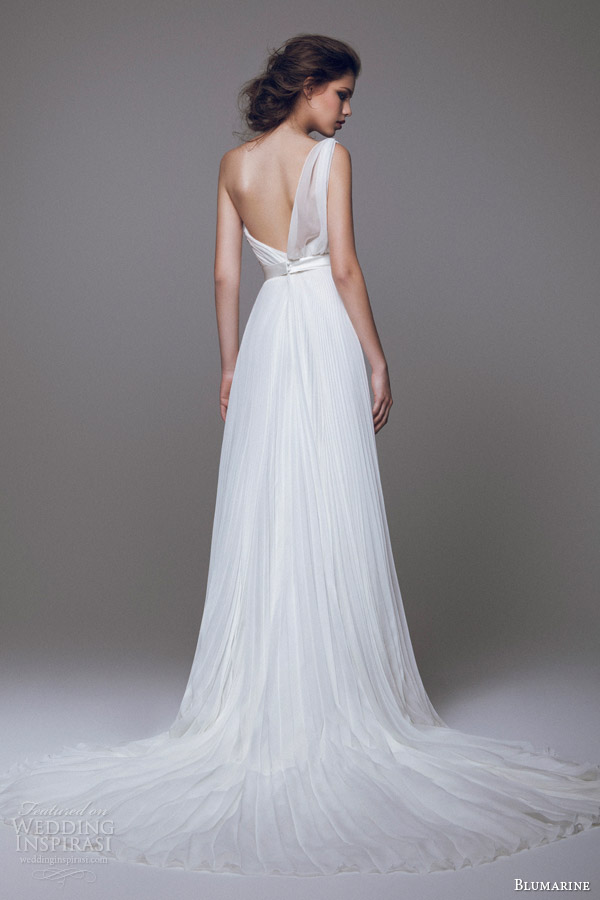 blumarine 2015 bridal one shouldeer pleated wedding dress back view train