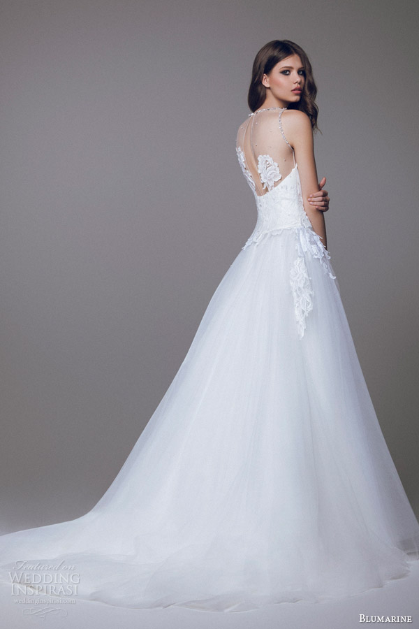 blumarine 2015 bridal sleeveless wedding dress illusion neckline back view train