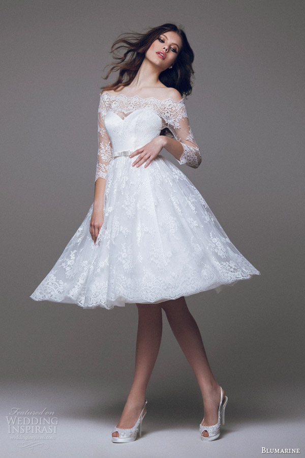 blumarine bridal 2015 beautiful short wedding dress off the shoulder lace sleeves