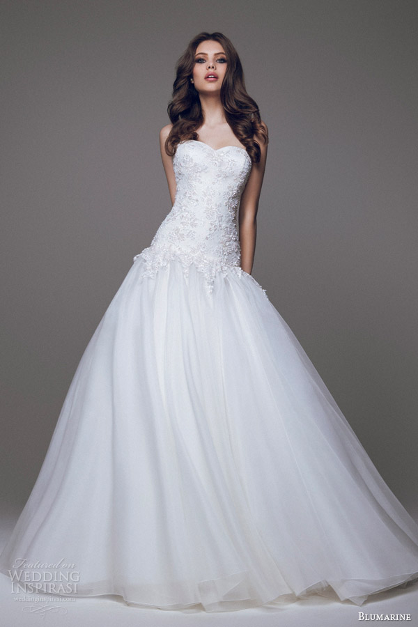 blumarine wedding dress 2015 strapless drop waist ball gown lace bodice