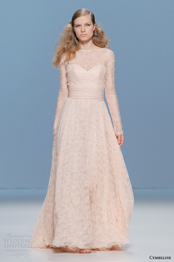 cymbeline 2015 bridall peach lace wedding dress illusion long sleeves