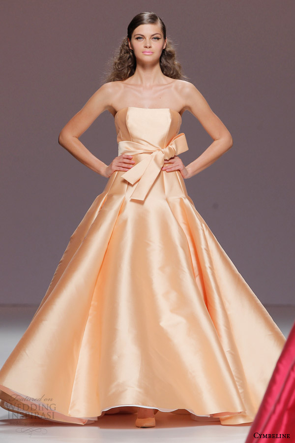 cymbeline bridal 2015 strapless peach orange colored wedding dress