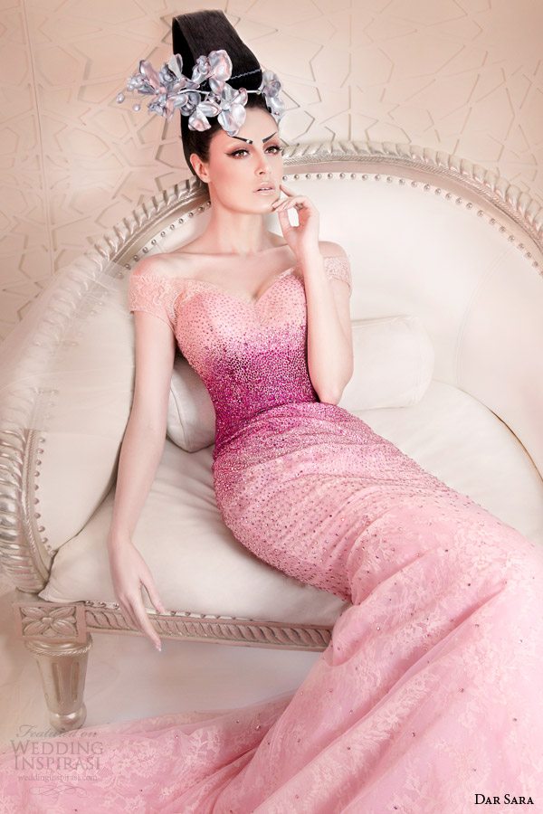 dar sara 2014 couture degrade ombre purple pink dress off shoulder sleeves