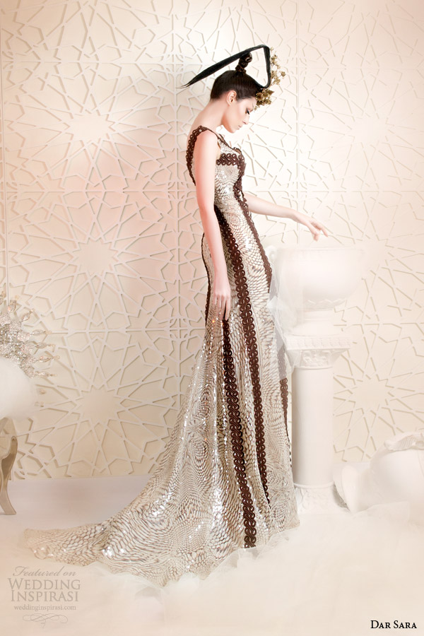 dar sara 2014 couture fashion sleeveless sheath gown metallic side view