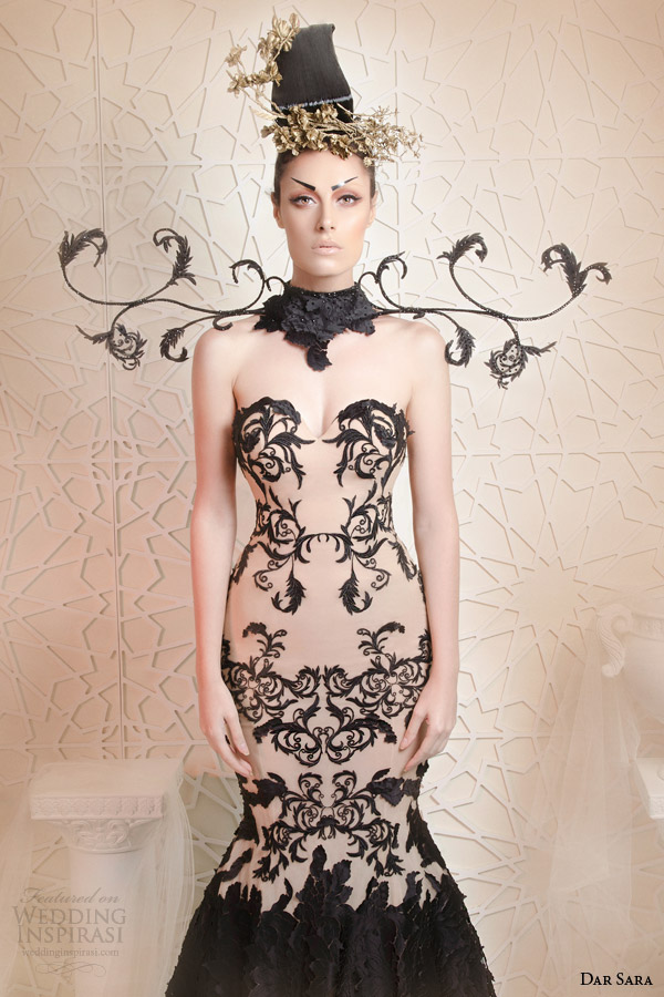 dar sara couture 2014 2015 strapless beige black lace wedding dress close up
