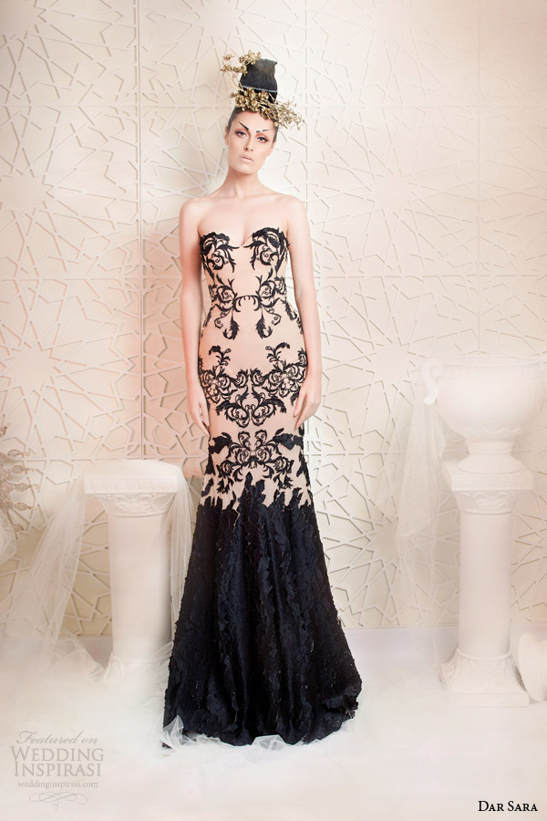 dar sara couture 2014 2015 strapless beige black lace wedding dress