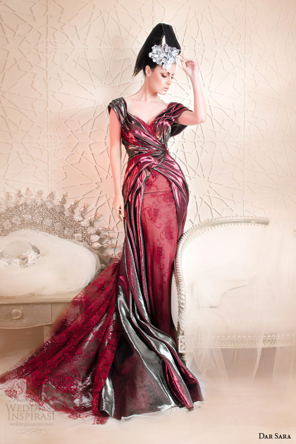 dar sara couture 2014 metallic red cap sleeve gown