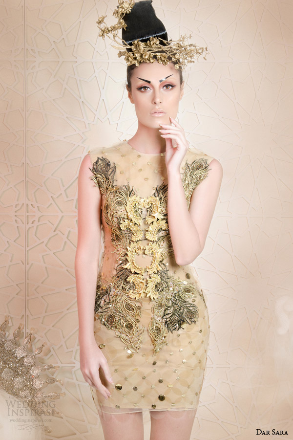 dar sara couture 2015 gold short dress illusion neckline