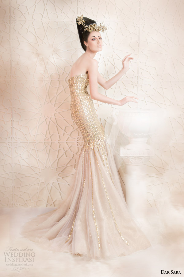 dar sara haute couture 2014 2015 metallic gold mermaid dress strapless side view