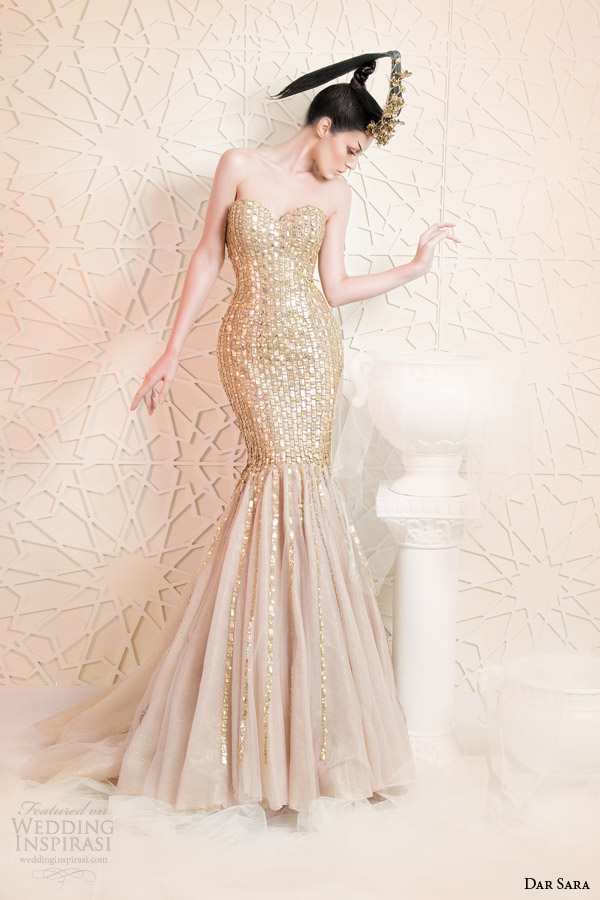 dar sara haute couture 2014 2015 metallic gold mermaid dress strapless