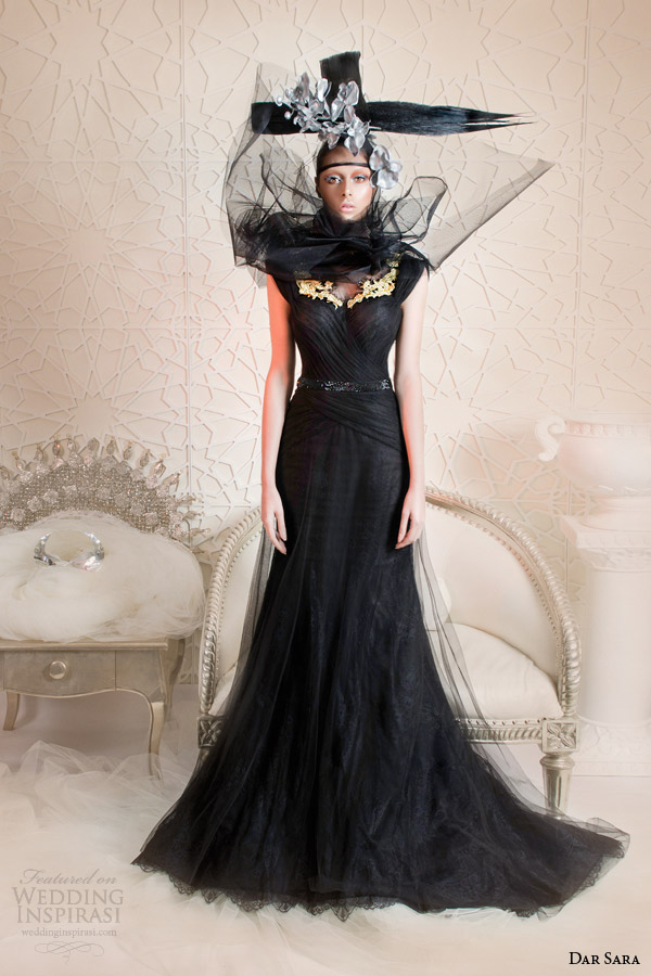 dar sara haute couture 2014 black cap sleeve gown gold accents