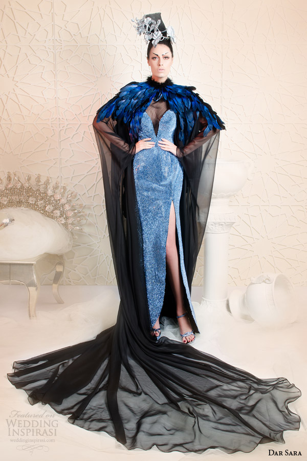 dar sara haute couture 2014 sleeveless blue dress black illusion straps slit feather cape