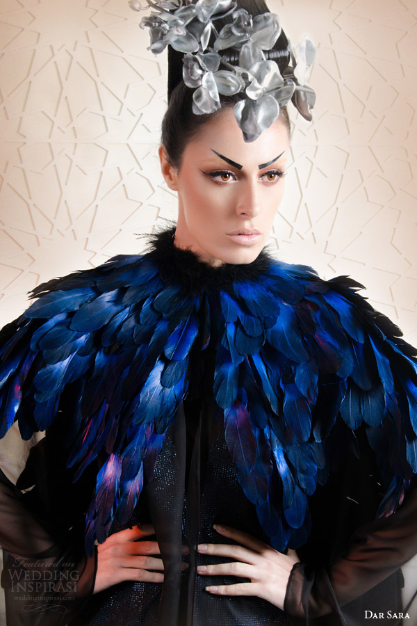 dar sara haute couture 2014 sleeveless blue dress navy feather cape close up