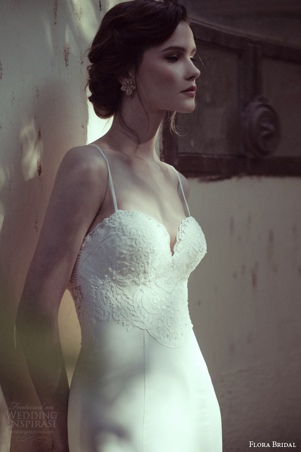 flora 2014 bridal collection sophia sheath wedding dress with straps close up bodice