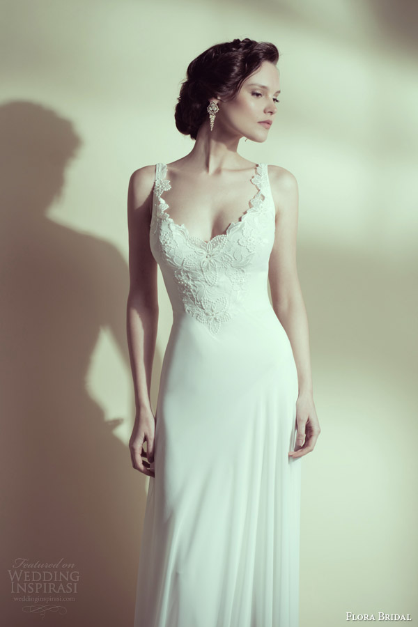 flora bridal 2014 anna sleeveless sheath wedding dress scalloped lace edge neckline