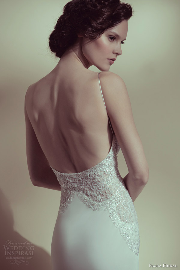 flora bridal 2014 elian sheath wedding dress spaghetti straps lace bodice back view