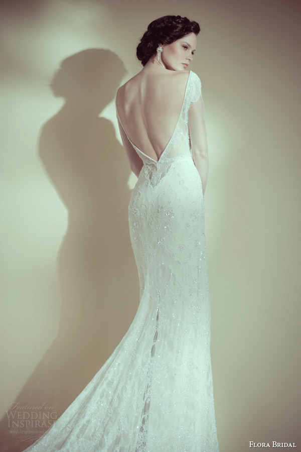 flora bridal 2014 grace beaded illusion long sleeve sheath wedding dress back view