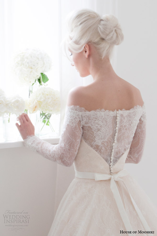 house of mooshki bridal spring 2015 flora off shoulder long sleeve wedding dress bodice back close up