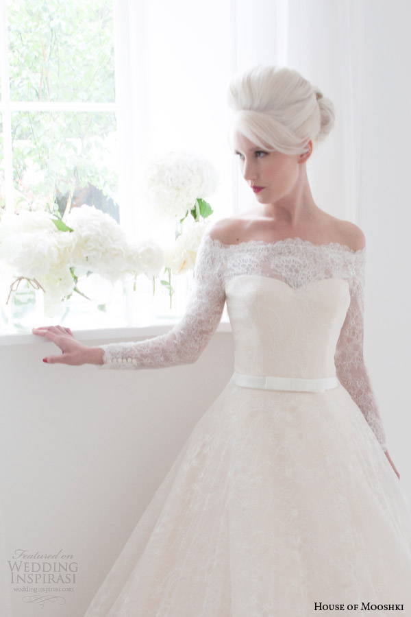 house of mooshki bridal spring 2015 flora off shoulder long sleeve wedding dress bodice close up