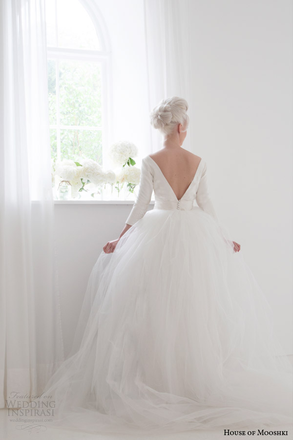 house of mooshki bridal spring 2015 jacqueline bateau neck column wedding dress sleeves tulle over skirt back
