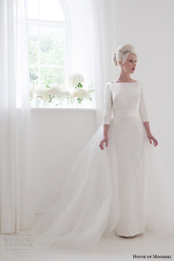 house of mooshki bridal spring 2015 jacqueline bateau neck column wedding dress sleeves tulle over skirt