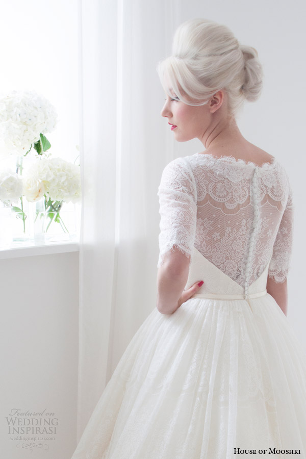 house of mooshki short wedding dresses spring 2015 primrose full lace tea length gown sleeves back view