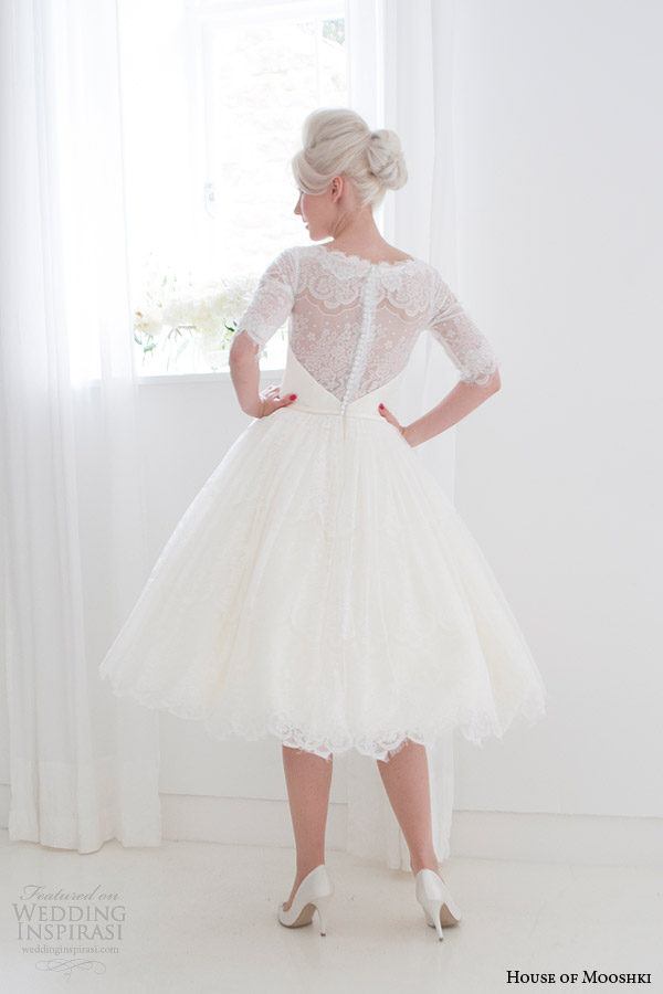 house of mooshki short wedding dresses spring 2015 primrose full lace tea length gown sleeves full back view