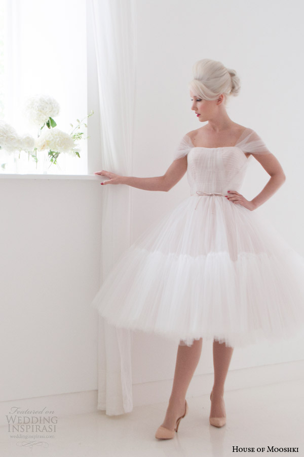 house of mooshki spring 2015 pollyanna blush tea length short wedding dress off sleeves