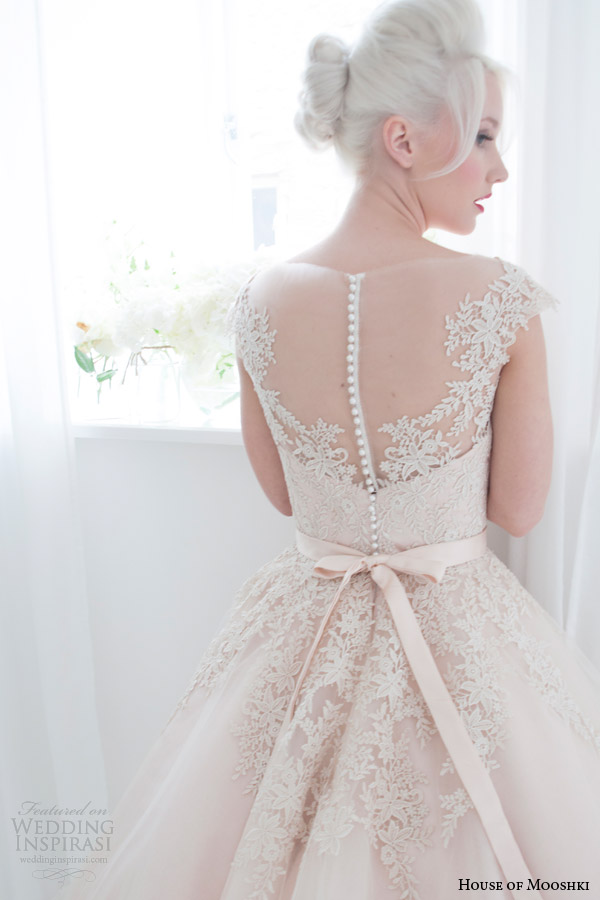 house of mooshki spring 2015 poppy blush pink tea length illusion cap sleeves short wedding dress back buttons