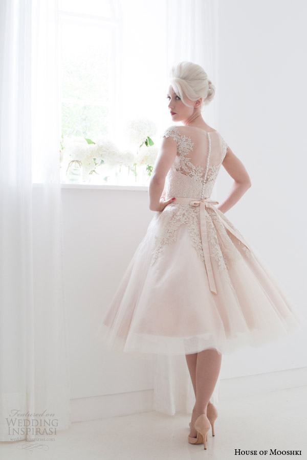 house of mooshki spring 2015 poppy blush pink tea length illusion cap sleeves short wedding dress back