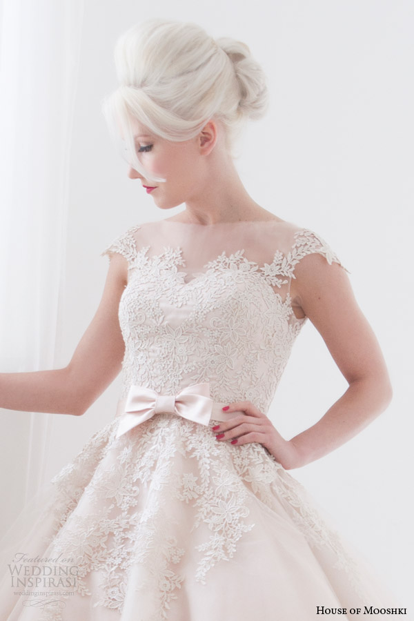 house of mooshki spring 2015 poppy blush pink tea length illusion cap sleeves short wedding dress bodice