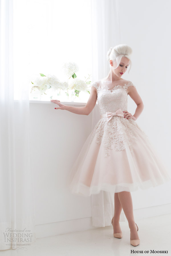 house of mooshki spring 2015 poppy blush pink tea length illusion cap sleeves short wedding dress